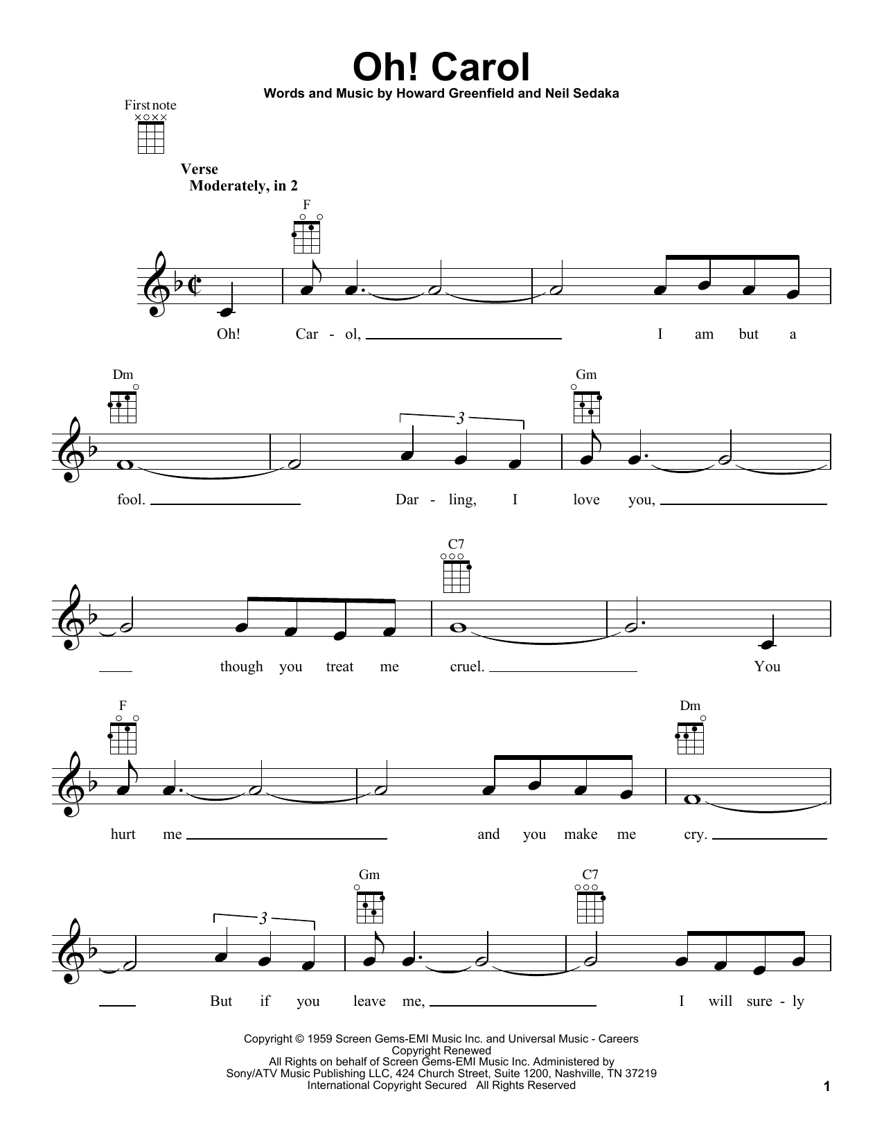 Carole King Oh! Carol Sheet Music Notes & Chords for Ukulele - Download or Print PDF