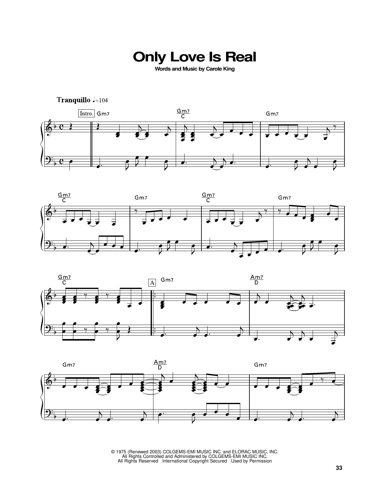Carole King Only Love Is Real Sheet Music Notes & Chords for Piano Solo - Download or Print PDF