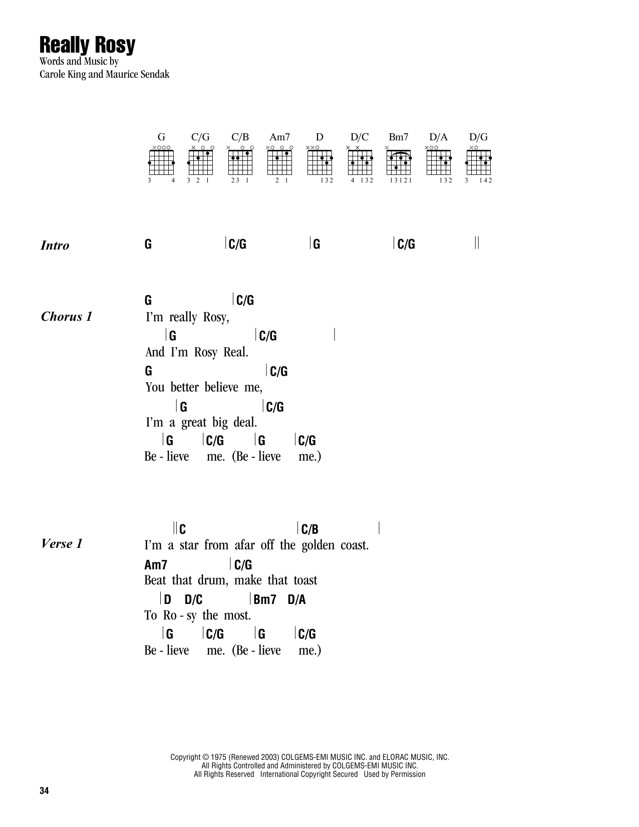 Carole King Really Rosy Sheet Music Notes & Chords for Lyrics & Chords - Download or Print PDF