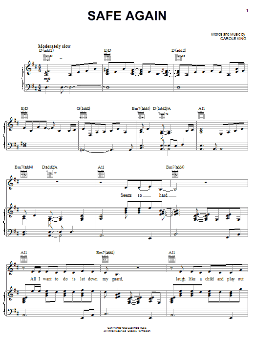 Carole King Safe Again Sheet Music Notes & Chords for Piano, Vocal & Guitar (Right-Hand Melody) - Download or Print PDF Carole King Safe Again Sheet Music Notes & Chords for Piano, Vocal & Guitar (Right-Hand Melody) - Download or Print PDF