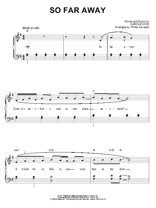 Carole King So Far Away Sheet Music Notes & Chords for Piano - Download or Print PDF