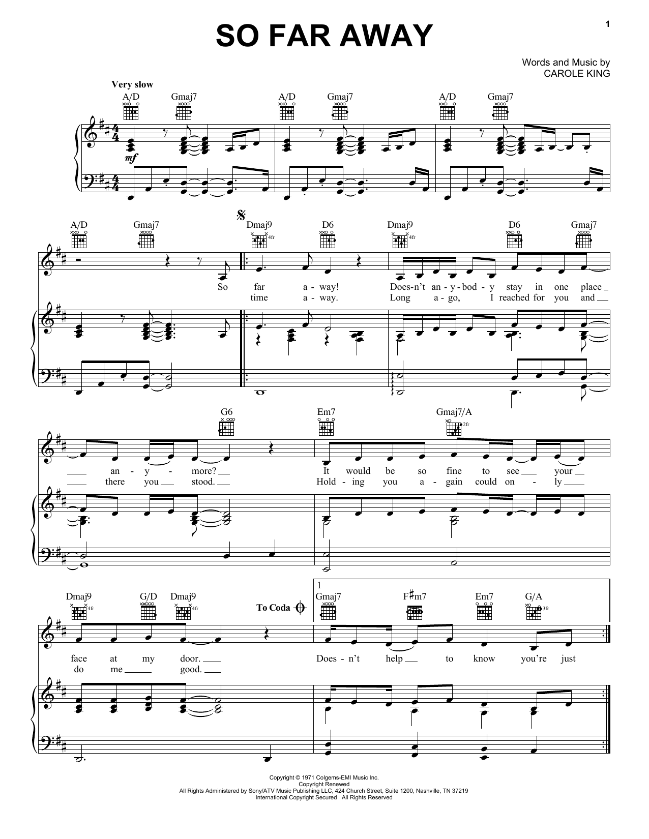 Carole King So Far Away Sheet Music Notes & Chords for Piano (Big Notes) - Download or Print PDF