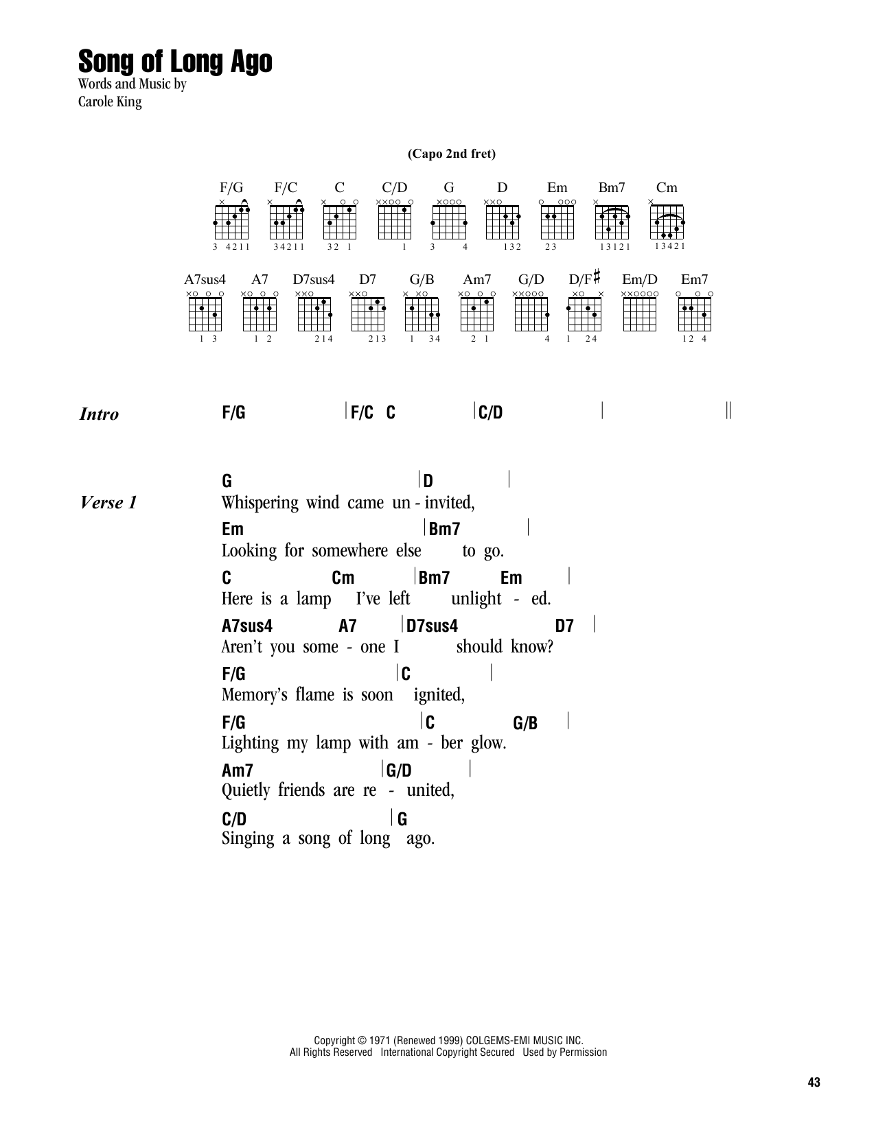 Carole King Song Of Long Ago Sheet Music Notes & Chords for Lyrics & Chords - Download or Print PDF