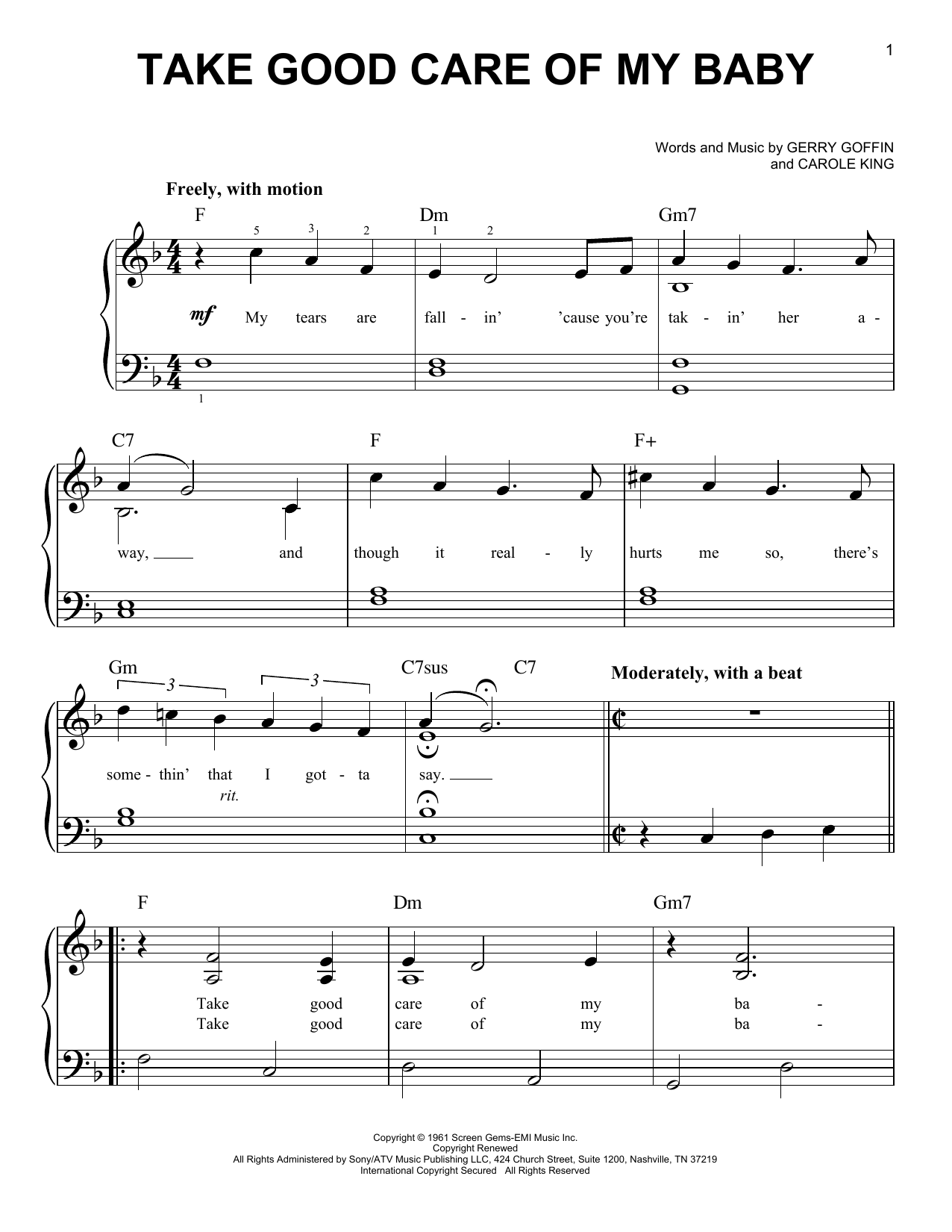 Carole King Take Good Care Of My Baby Sheet Music Notes & Chords for Easy Piano - Download or Print PDF