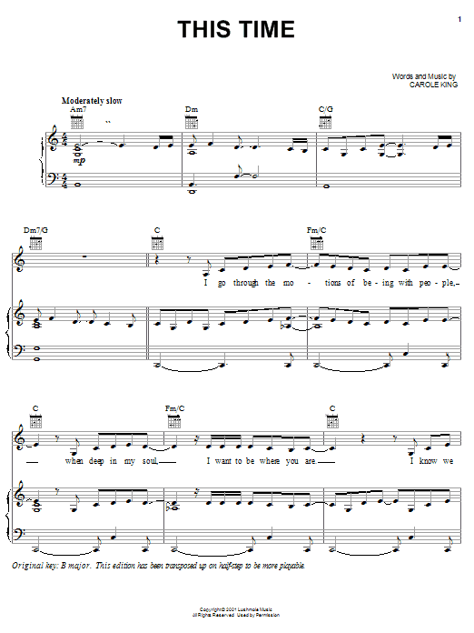 Carole King This Time Sheet Music Notes & Chords for Piano, Vocal & Guitar (Right-Hand Melody) - Download or Print PDF Carole King This Time Sheet Music Notes & Chords for Piano, Vocal & Guitar (Right-Hand Melody) - Download or Print PDF