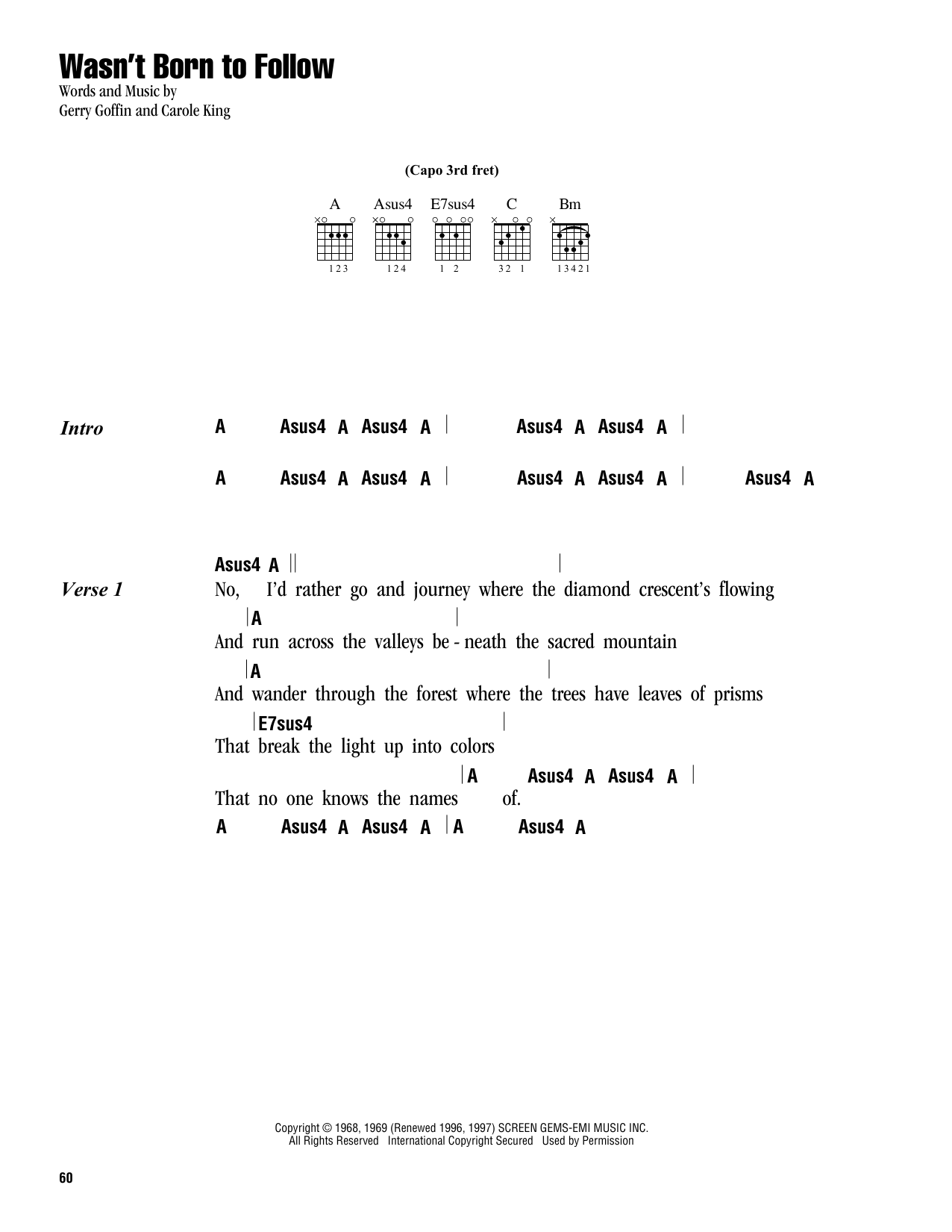 Carole King Wasn't Born To Follow Sheet Music Notes & Chords for Lyrics & Chords - Download or Print PDF