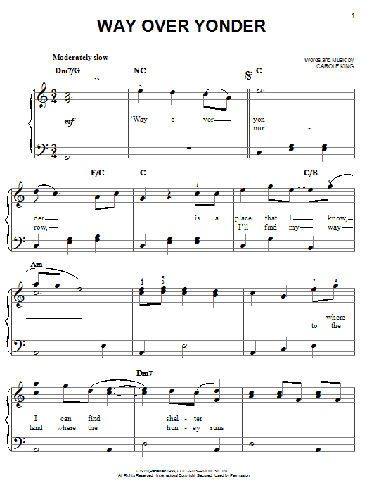 Carole King Way Over Yonder Sheet Music Notes & Chords for Keyboard Transcription - Download or Print PDF
