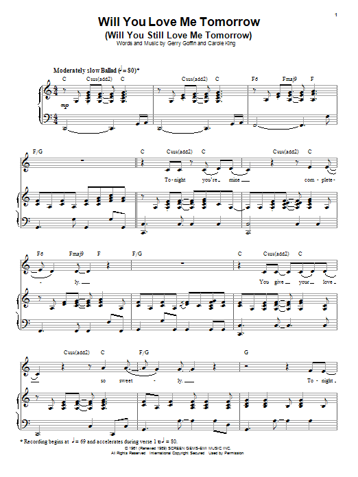Carole King Will You Love Me Tomorrow (Will You Still Love Me Tomorrow) Sheet Music Notes & Chords for Piano & Vocal - Download or Print PDF