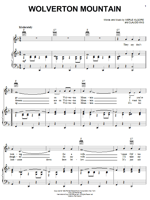 Carole King Wolverton Mountain Sheet Music Notes & Chords for Piano, Vocal & Guitar (Right-Hand Melody) - Download or Print PDF