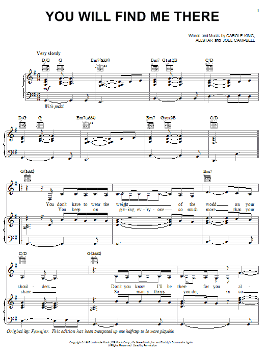 Carole King You Will Find Me There Sheet Music Notes & Chords for Piano, Vocal & Guitar (Right-Hand Melody) - Download or Print PDF Carole King You Will Find Me There Sheet Music Notes & Chords for Piano, Vocal & Guitar (Right-Hand Melody) - Download or Print PDF