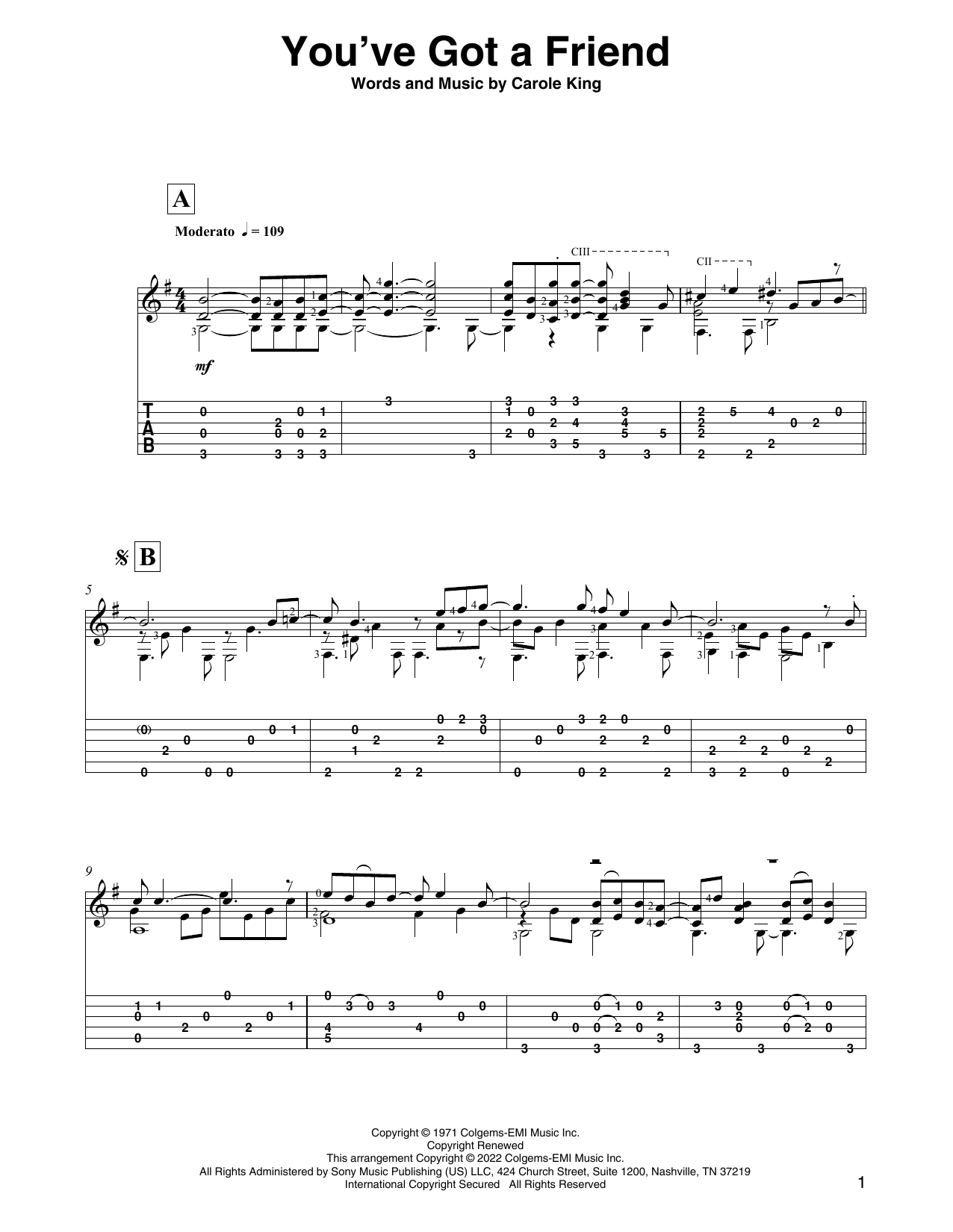 Carole King You've Got A Friend (arr. David Jaggs) Sheet Music Notes & Chords for Solo Guitar - Download or Print PDF