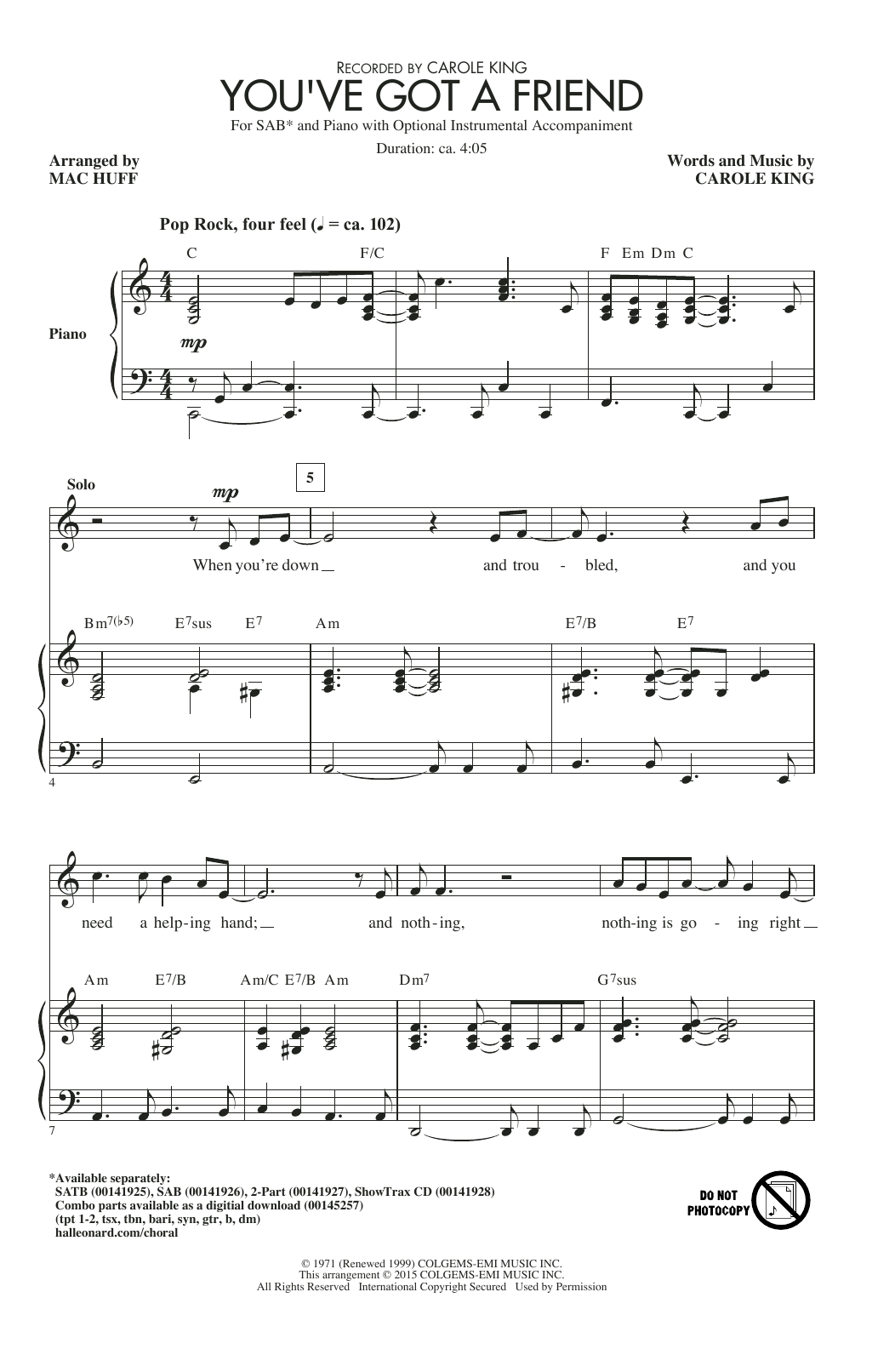 Carole King You've Got A Friend (arr. Mac Huff) Sheet Music Notes & Chords for SAB - Download or Print PDF