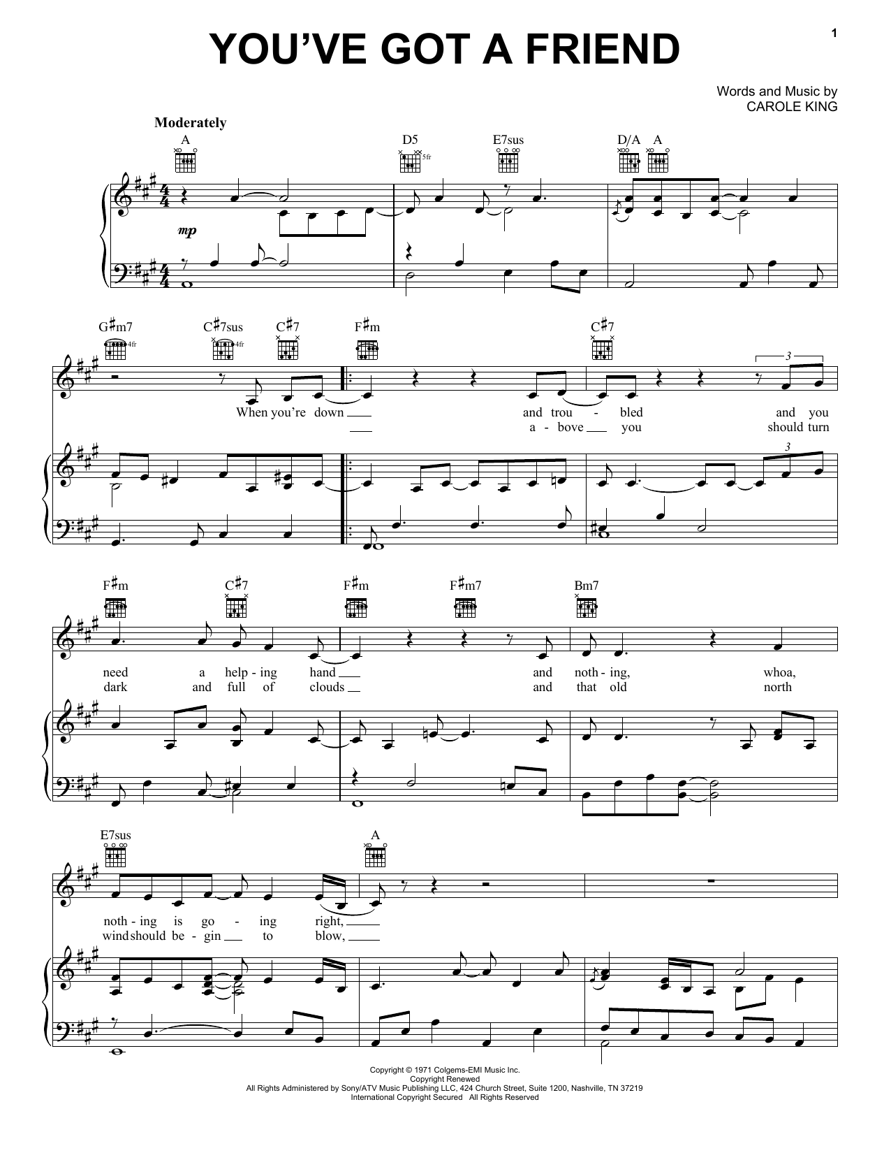 Carole King You've Got A Friend Sheet Music Notes & Chords for Lyrics & Chords - Download or Print PDF