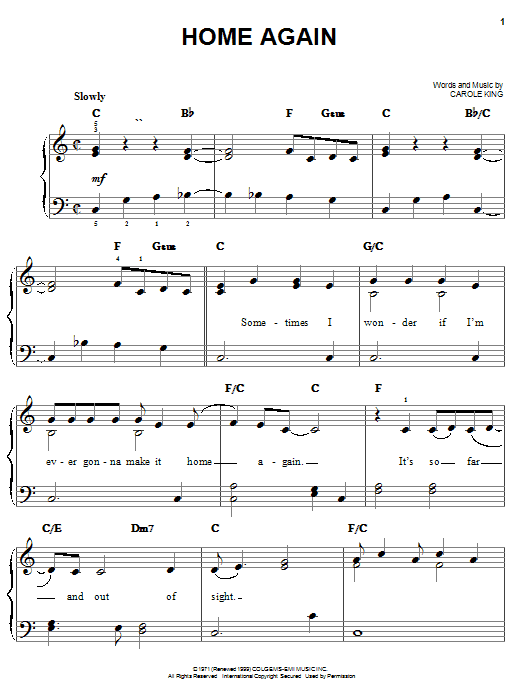 Preview Carole King Home Again Pop sheet music, notes and chords for Easy Piano, SKU: 25749 Home Again sheet music