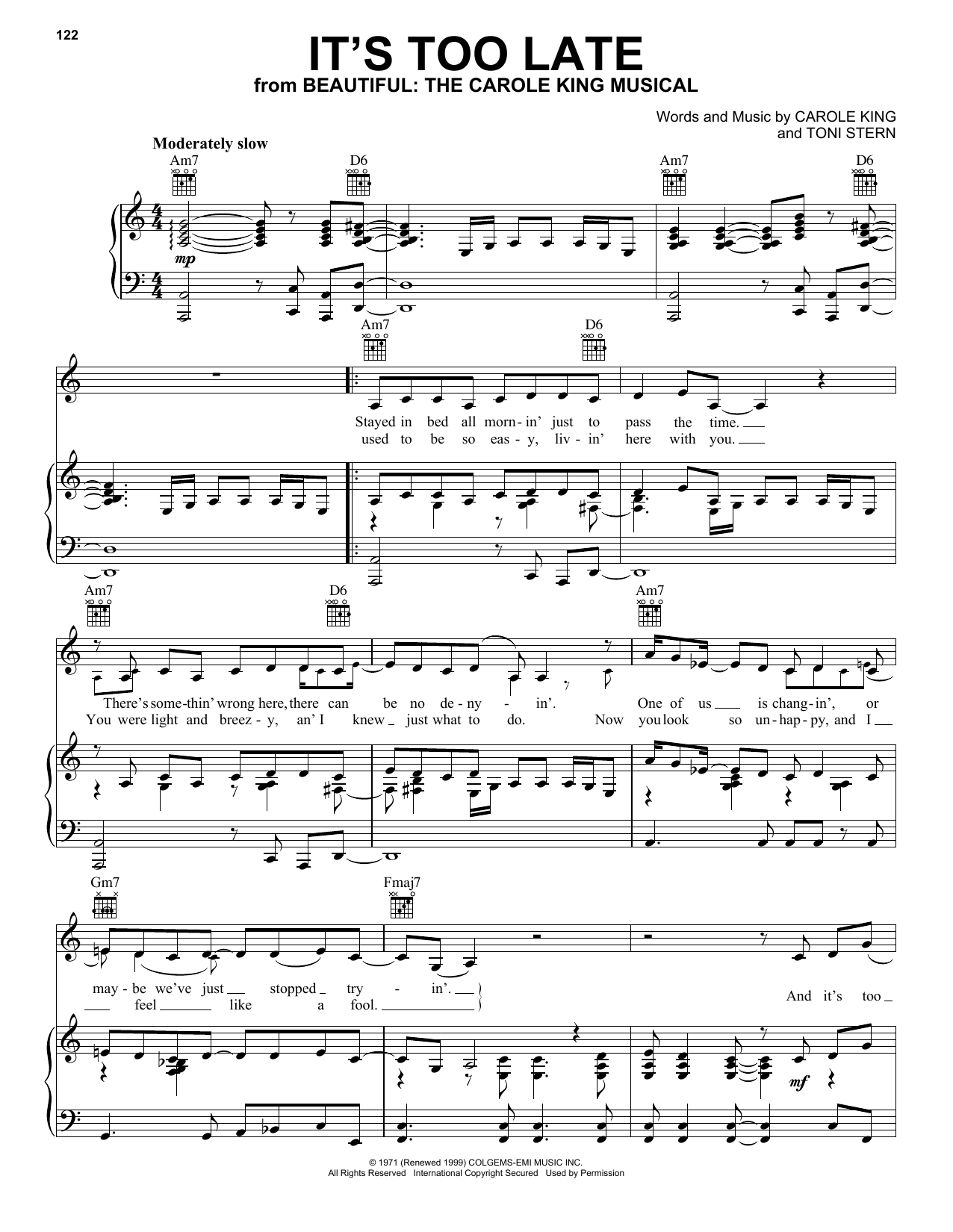 Preview Carole King It's Too Late Rock sheet music, notes and chords for Piano, Vocal & Guitar (Right-Hand Melody), SKU: 18269 It's Too Late sheet music