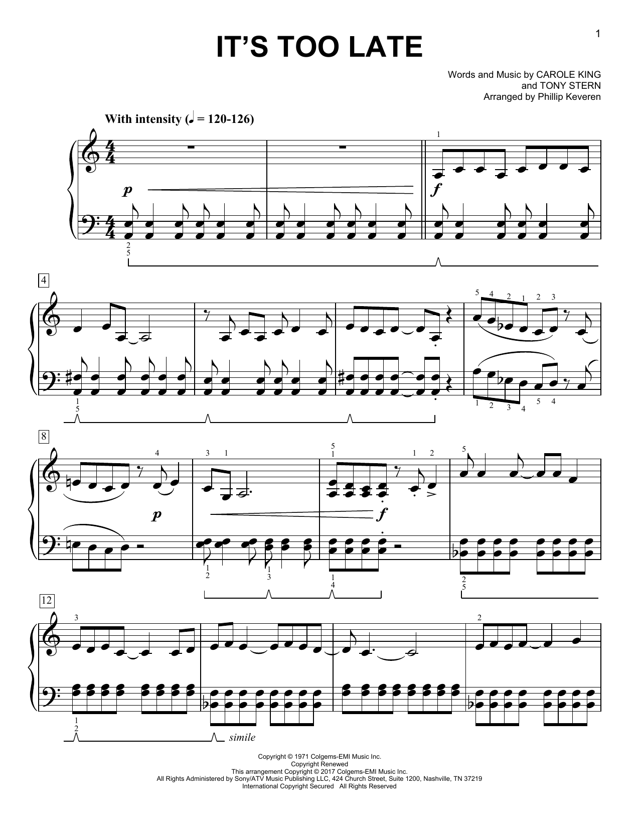 It's Too Late [Classical version] (arr. Phillip Keveren) sheet music