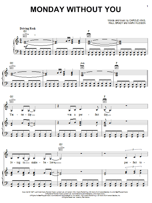 Preview Carole King Monday Without You Pop sheet music, notes and chords for Piano, Vocal & Guitar (Right-Hand Melody), SKU: 21464 Monday Without You sheet music