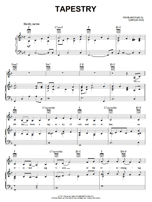 Preview Carole King Tapestry Rock sheet music, notes and chords for Easy Piano, SKU: 25754 Tapestry sheet music