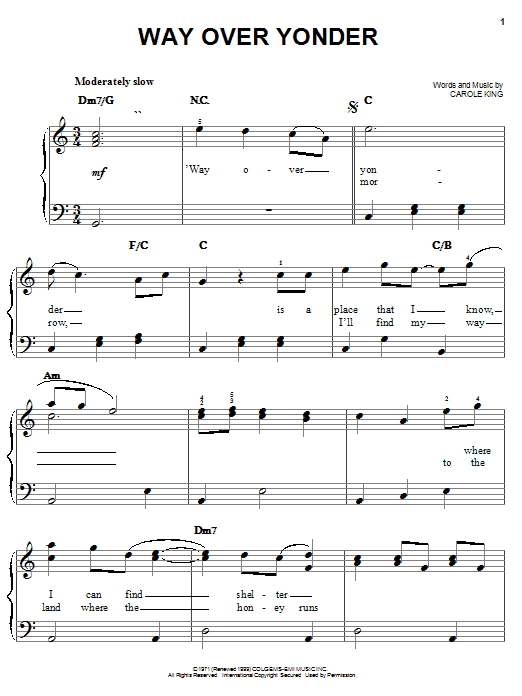 Preview Carole King Way Over Yonder Pop sheet music, notes and chords for Easy Piano, SKU: 25750 Way Over Yonder sheet music