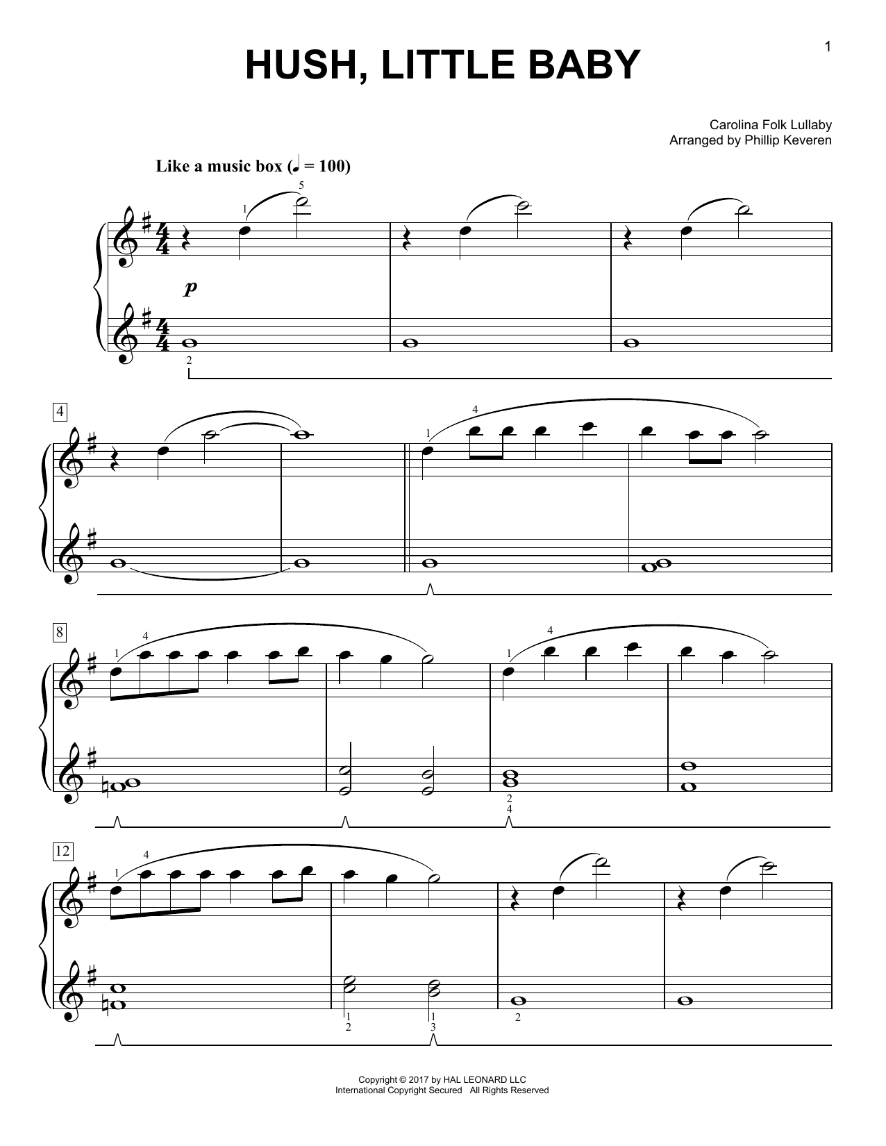 Carolina Folk Lullaby Hush, Little Baby [Classical version] (arr. Phillip Keveren) Sheet Music Notes & Chords for Easy Piano - Download or Print PDF