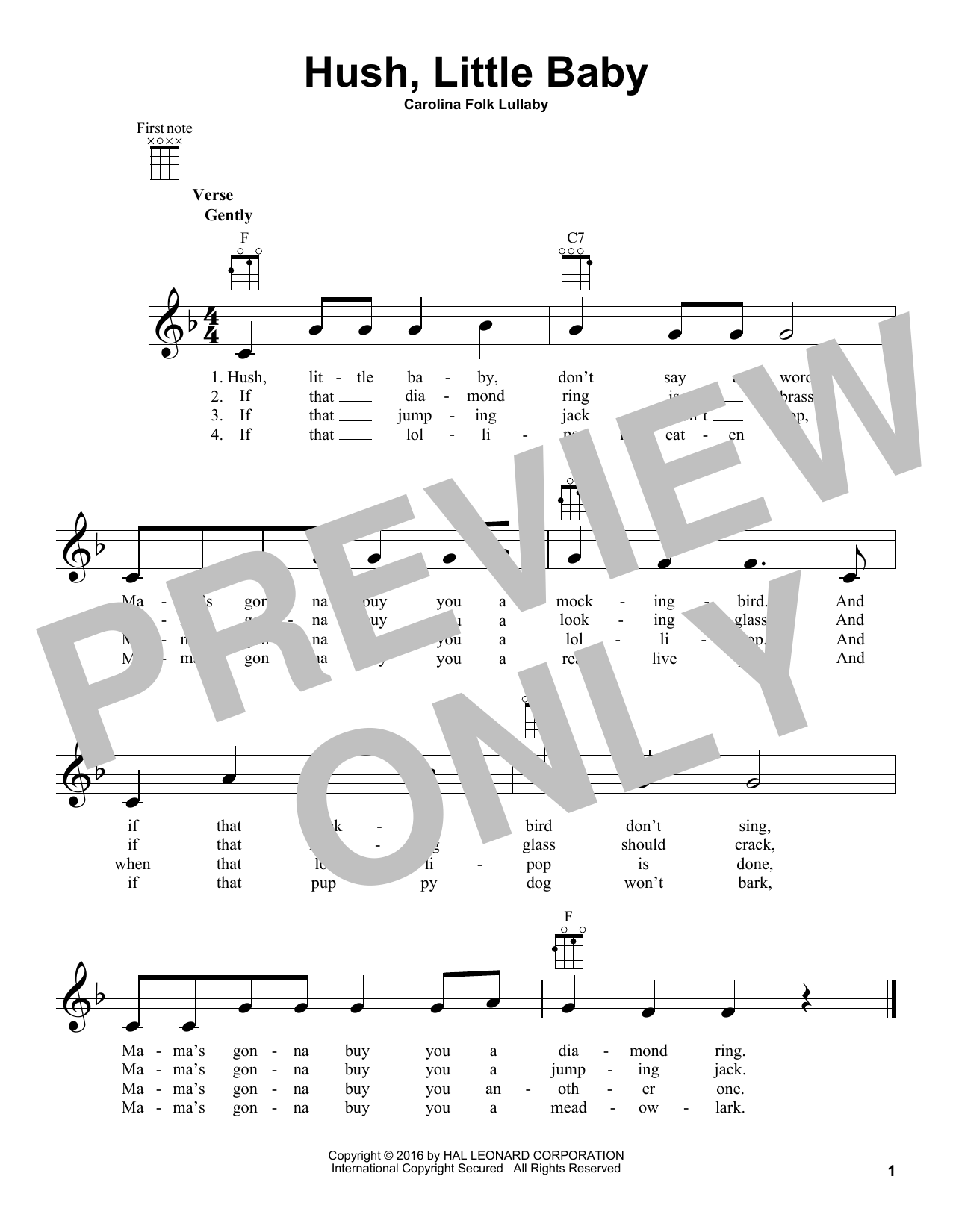Carolina Folk Lullaby Hush, Little Baby Sheet Music Notes & Chords for UkeBuddy - Download or Print PDF