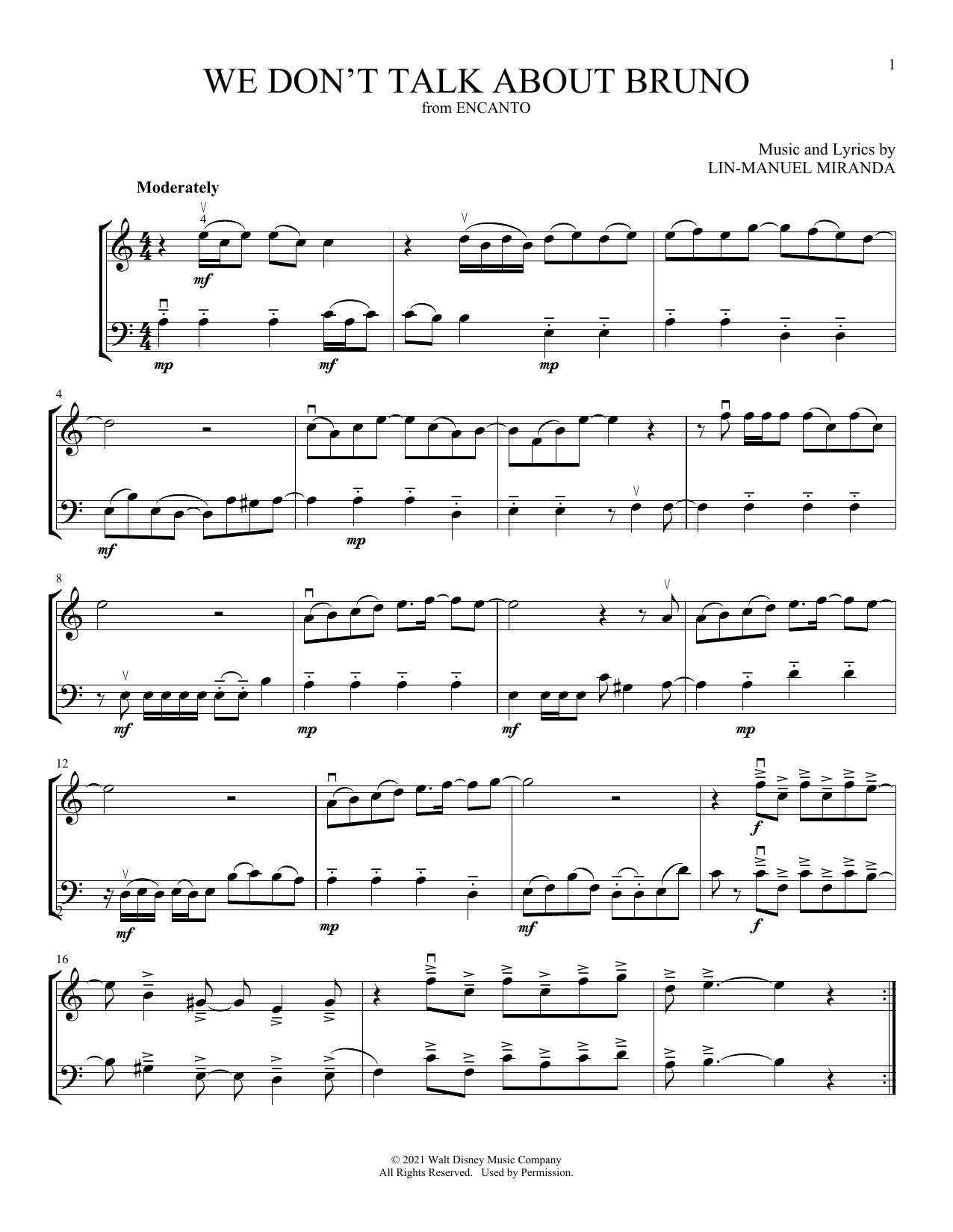 Carolina Gaitan, Mauro Castillo, Adassa, Rhenzy We Don't Talk About Bruno (from Encanto) (arr. Michelle Hynson) Sheet Music Notes & Chords for Instrumental Duet - Download or Print PDF