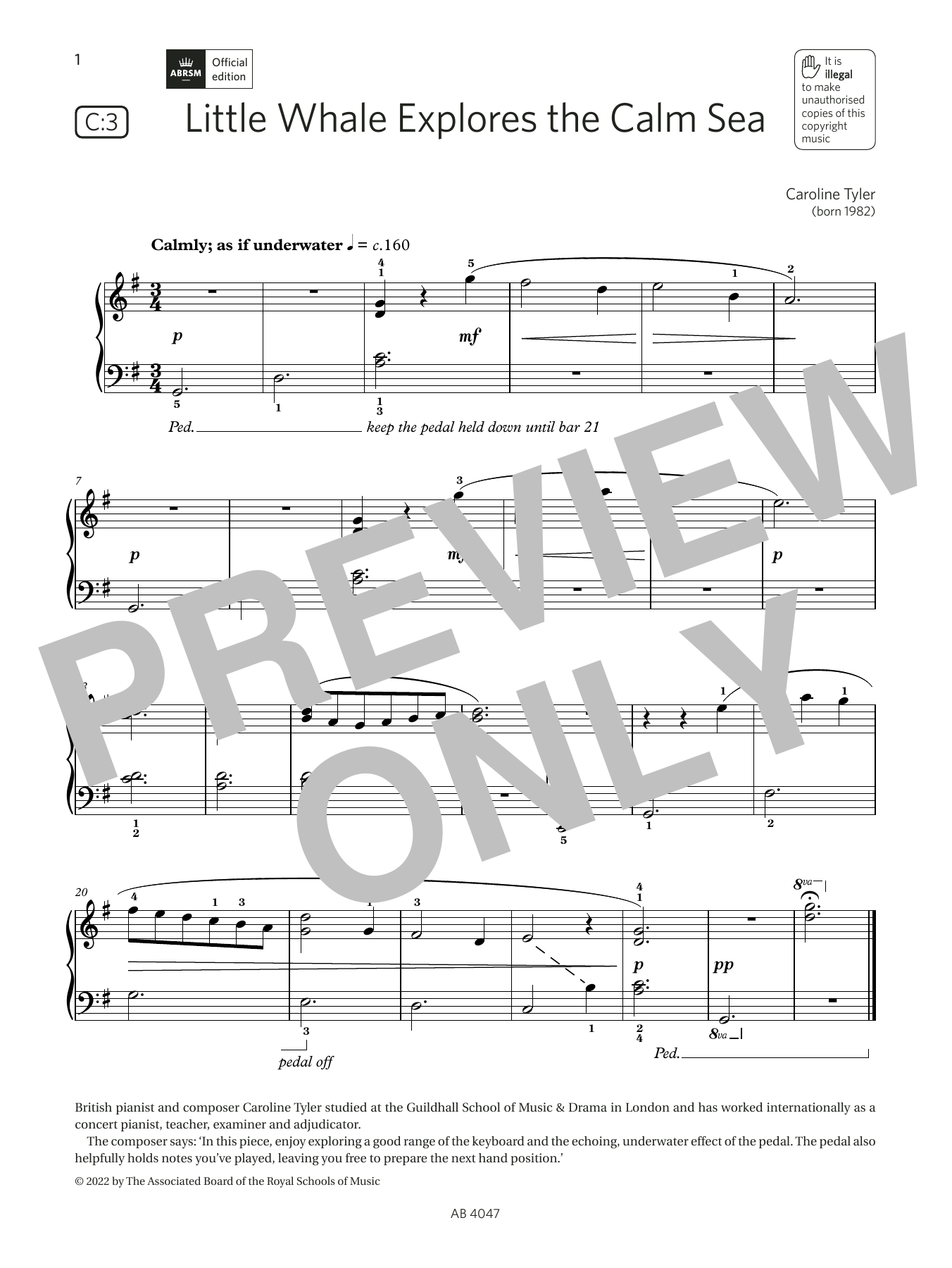 Caroline Tyler Little Whale Explores the Calm Sea (Grade 1, list C3, from the ABRSM Piano Syllabus 2023 & 2024) Sheet Music Notes & Chords for Piano Solo - Download or Print PDF