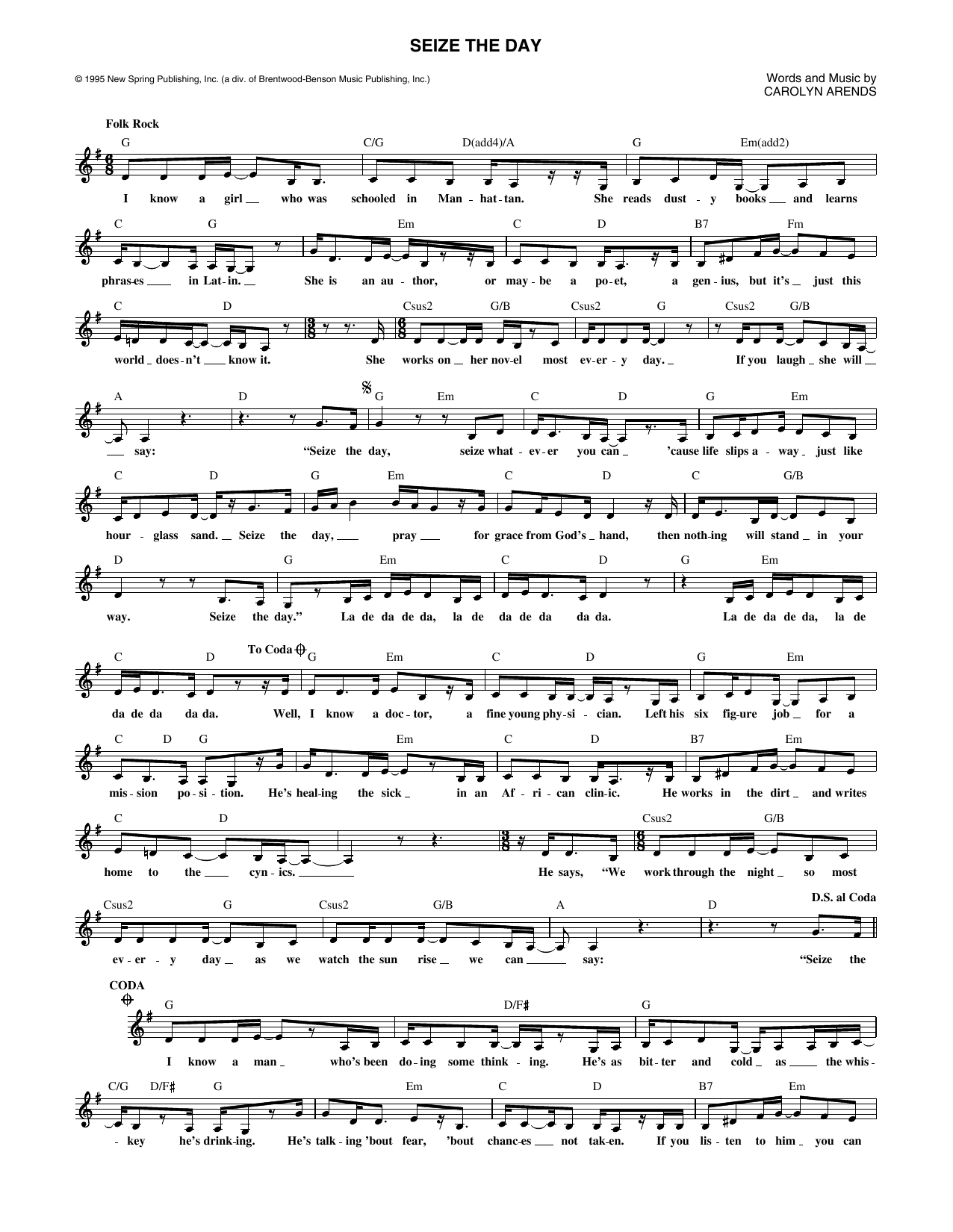 Carolyn Arends Seize The Day Sheet Music Notes & Chords for Lead Sheet / Fake Book - Download or Print PDF