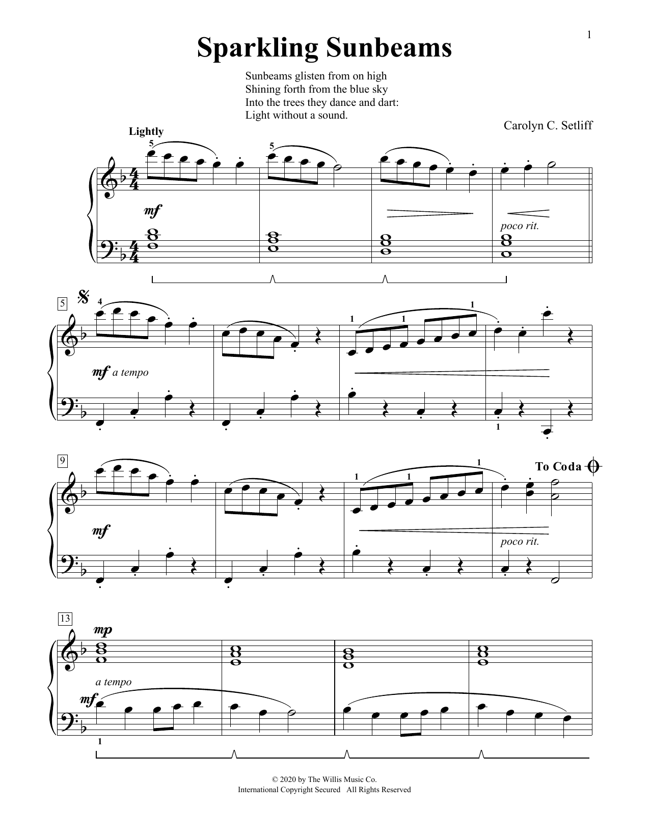 Carolyn C. Setliff Sparkling Sunbeams Sheet Music Notes & Chords for Educational Piano - Download or Print PDF