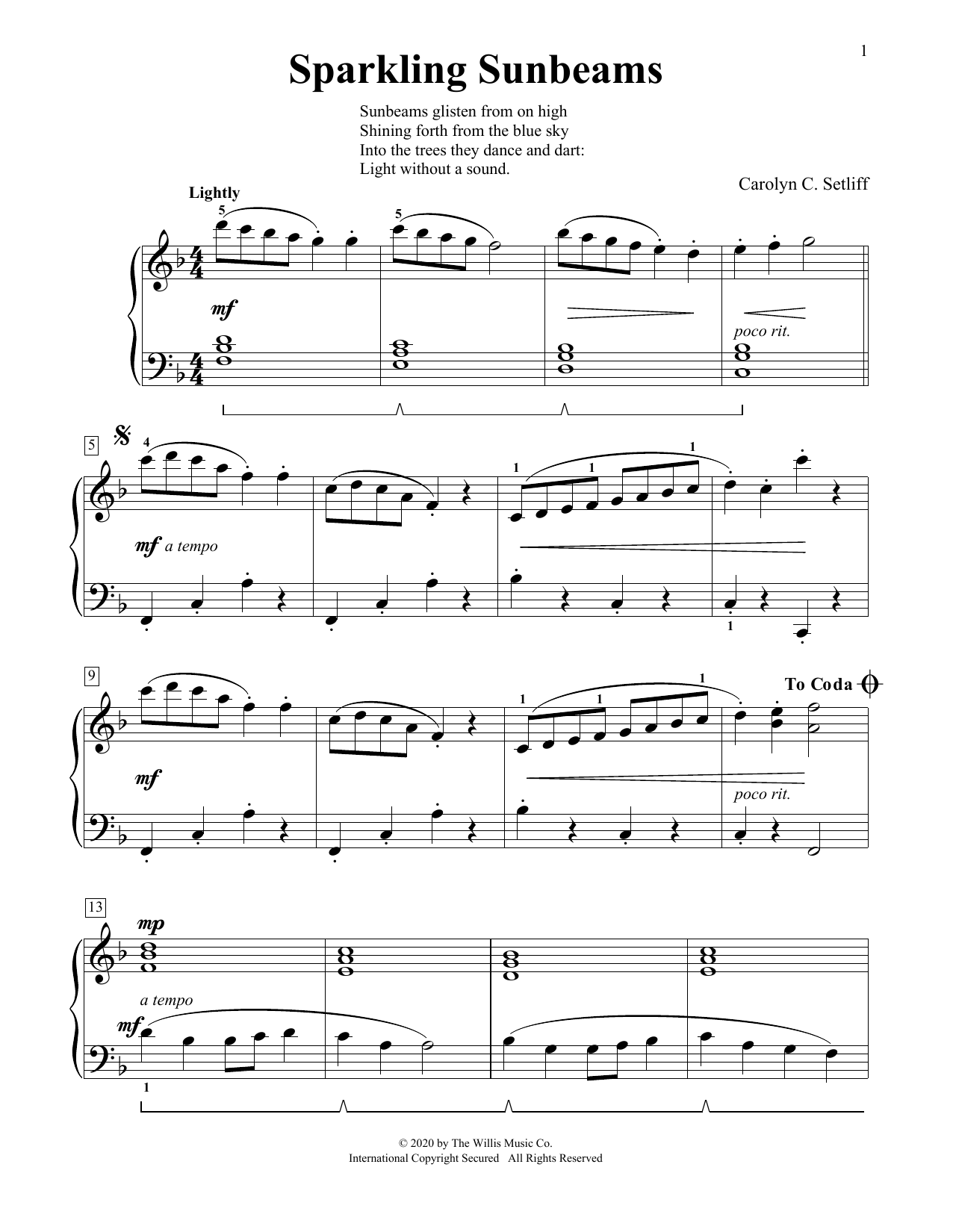Carolyn C. Setliff Sparkling Sunbeams sheet music notes and chords. Download Printable PDF.
