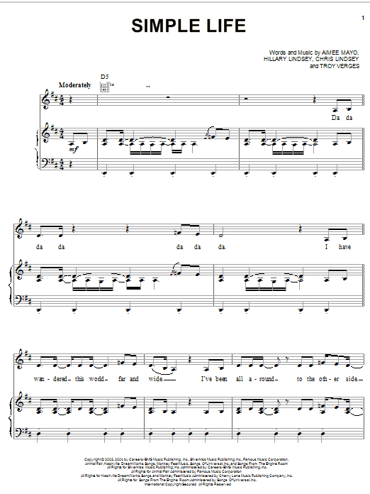 Carolyn Dawn Johnson Simple Life Sheet Music Notes & Chords for Piano, Vocal & Guitar (Right-Hand Melody) - Download or Print PDF