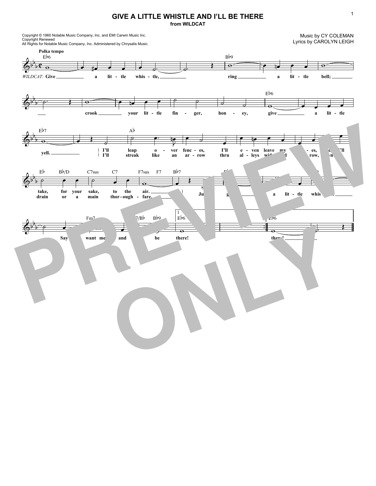 Carolyn Leigh Give A Little Whistle And I'll Be There Sheet Music Notes & Chords for Melody Line, Lyrics & Chords - Download or Print PDF