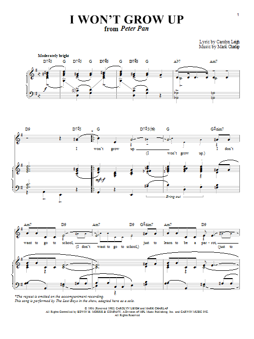 Carolyn Leigh I Won't Grow Up Sheet Music Notes & Chords for Piano, Vocal & Guitar (Right-Hand Melody) - Download or Print PDF