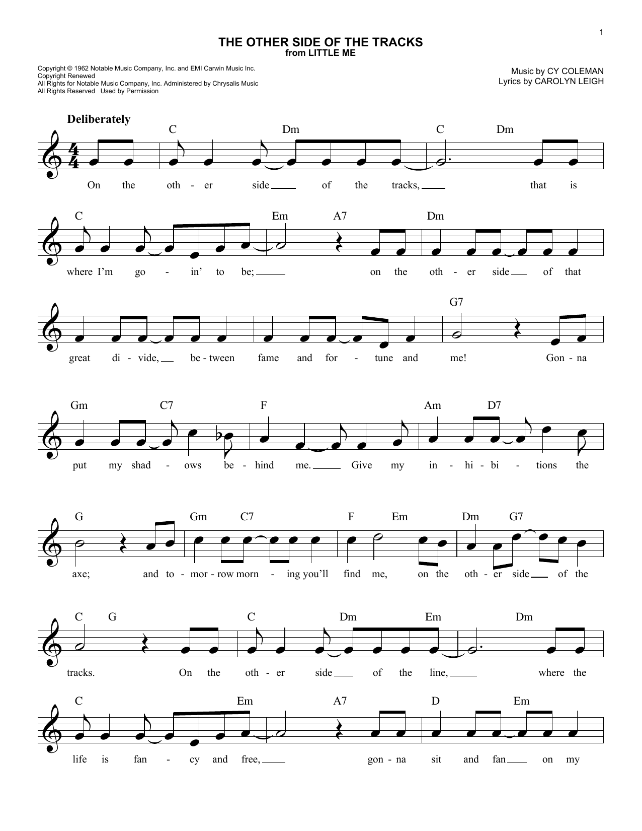 Carolyn Leigh On The Other Side Of The Tracks Sheet Music Notes & Chords for Melody Line, Lyrics & Chords - Download or Print PDF