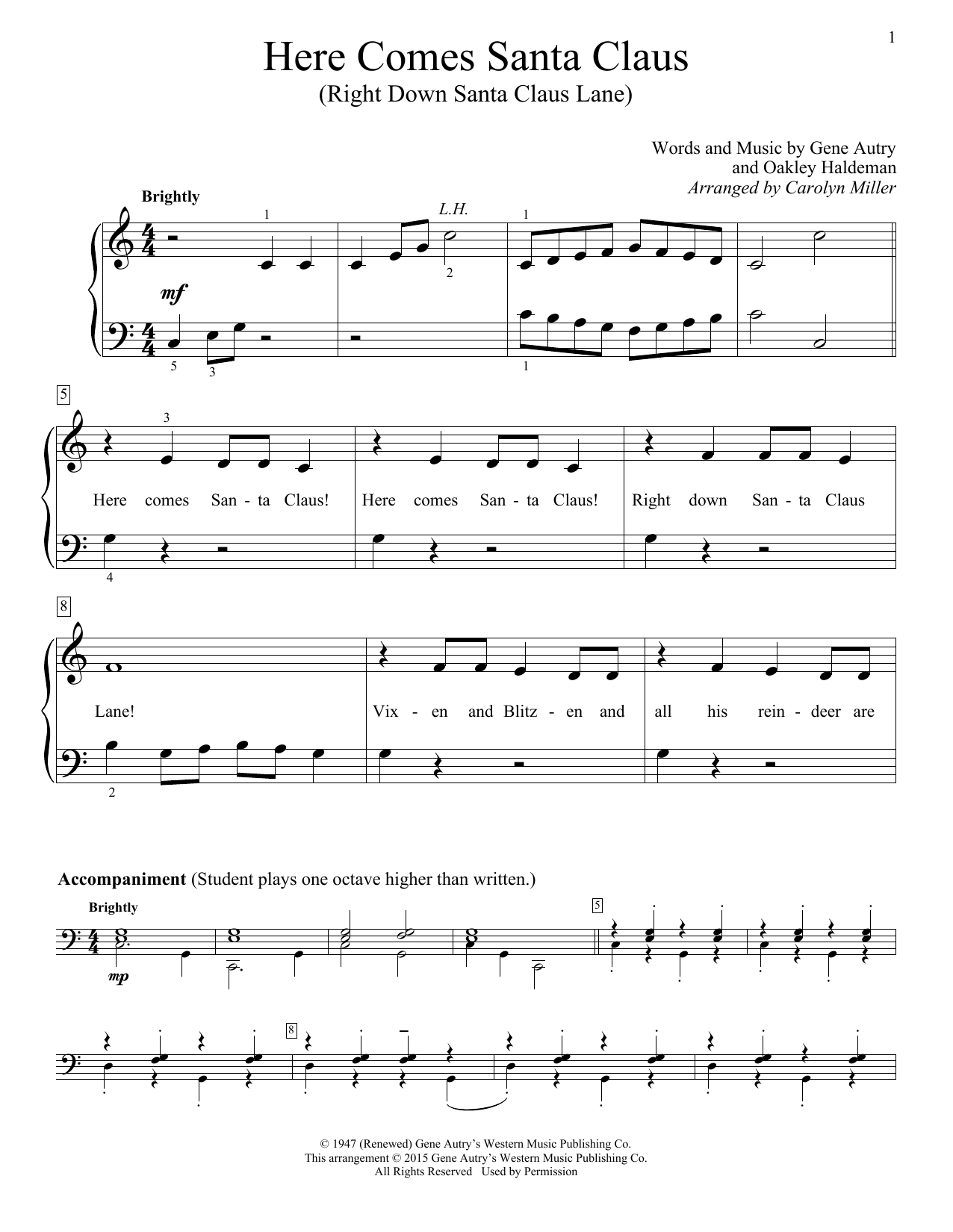 Carolyn Miller Here Comes Santa Claus (Right Down Santa Claus Lane) Sheet Music Notes & Chords for Educational Piano - Download or Print PDF