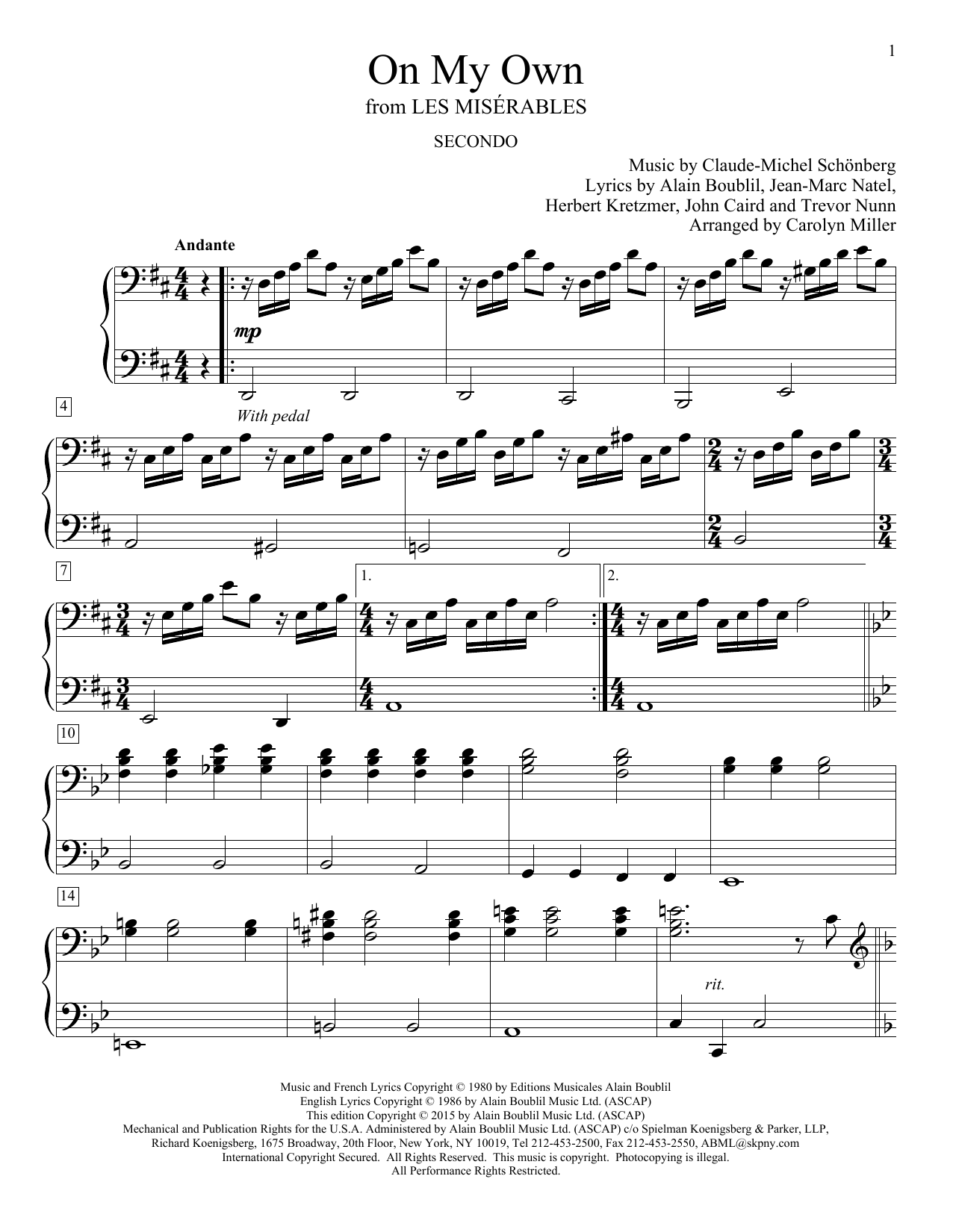 Carolyn Miller On My Own (from Les Miserables) Sheet Music Notes & Chords for Piano Duet - Download or Print PDF