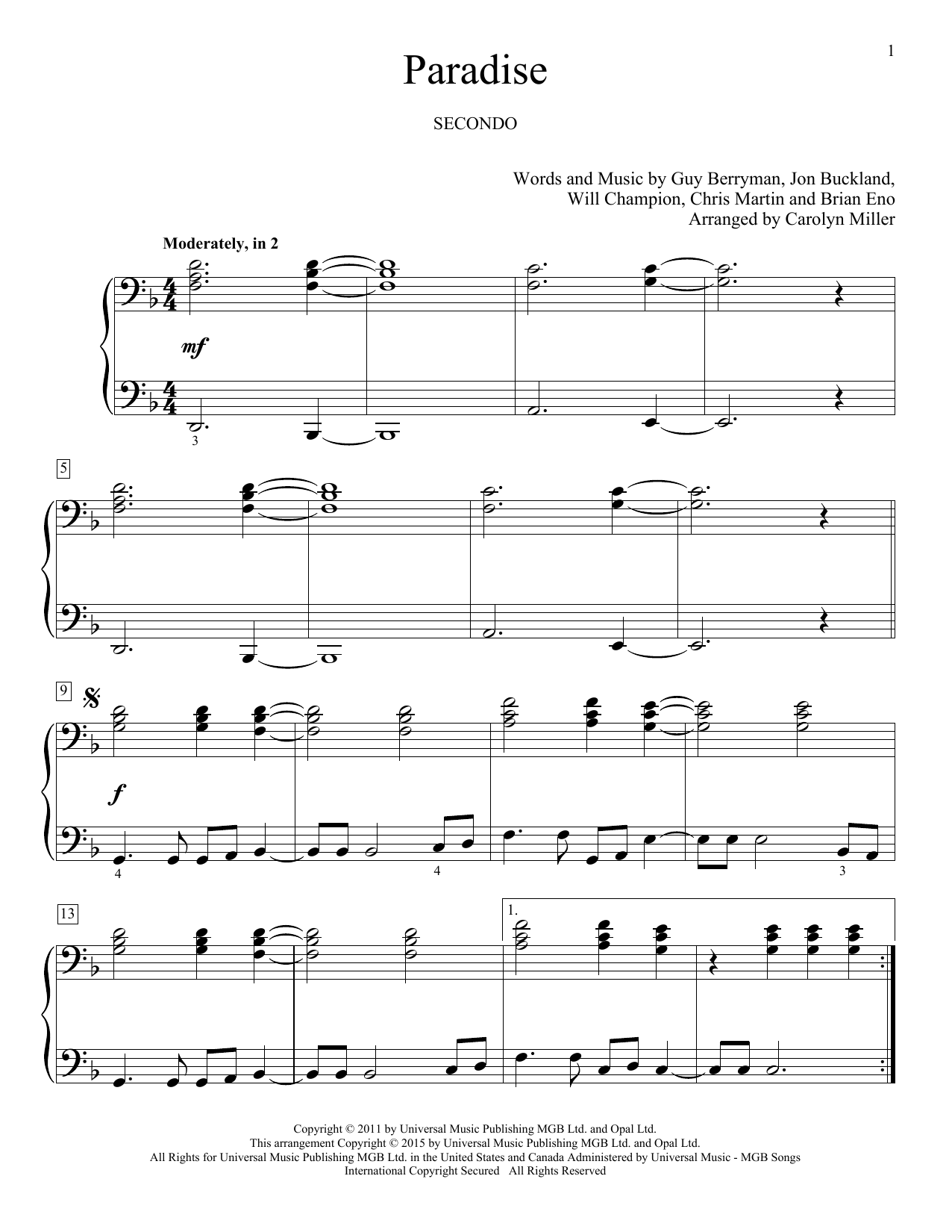 Carolyn Miller Paradise Sheet Music Notes & Chords for Piano Duet - Download or Print PDF