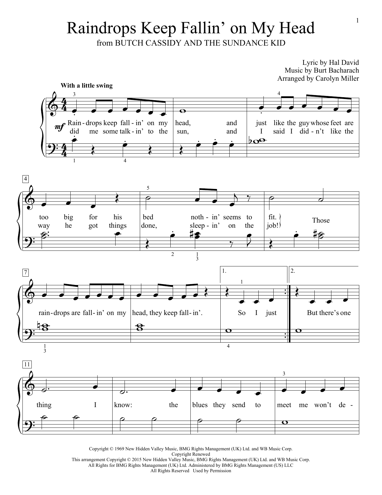 Carolyn Miller Raindrops Keep Fallin' On My Head Sheet Music Notes & Chords for Educational Piano - Download or Print PDF