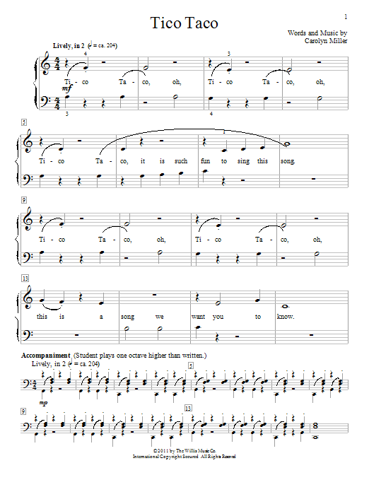 Carolyn Miller Tico Taco Sheet Music Notes & Chords for Educational Piano - Download or Print PDF