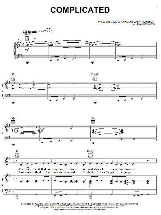 Preview Carolyn Dawn Johnson Complicated Pop sheet music, notes and chords for Piano, Vocal & Guitar (Right-Hand Melody), SKU: 18039 Complicated sheet music