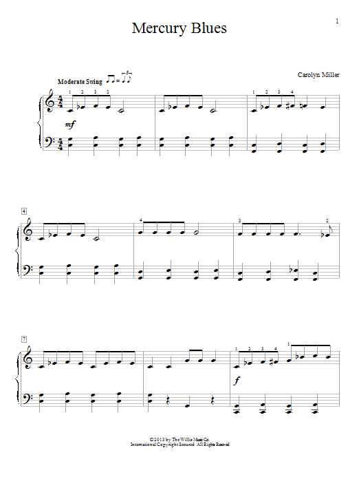Preview Carolyn Miller Mercury Blues Pop sheet music, notes and chords for Educational Piano, SKU: 98764 Mercury Blues sheet music