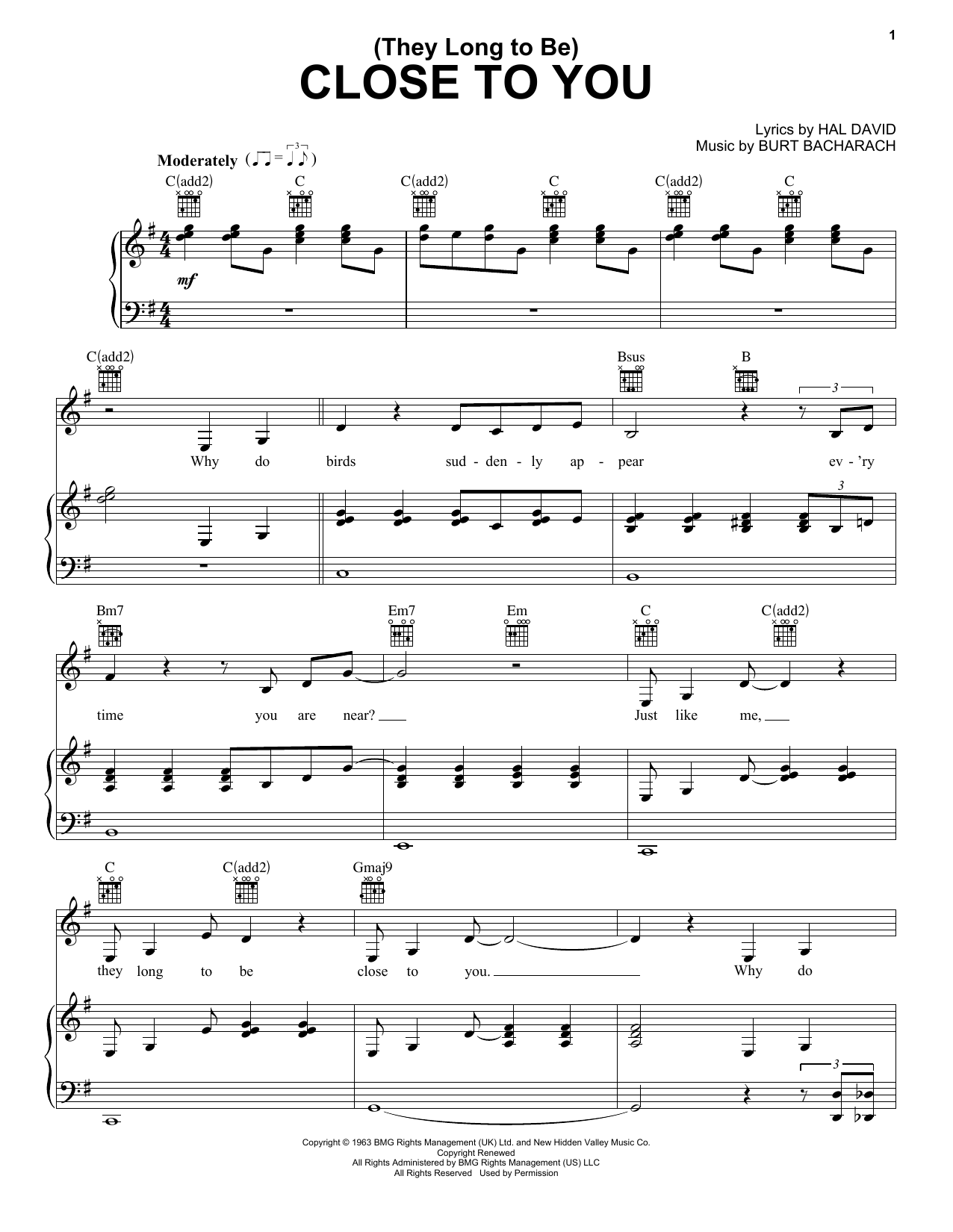 Preview Carpenters (They Long To Be) Close To You Pop sheet music, notes and chords for Lyrics & Chords, SKU: 81996 (They Long To Be) Close To You sheet music