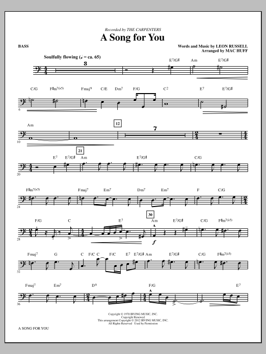 Carpenters A Song For You (arr. Mac Huff) - Bass Sheet Music Notes & Chords for Choir Instrumental Pak - Download or Print PDF