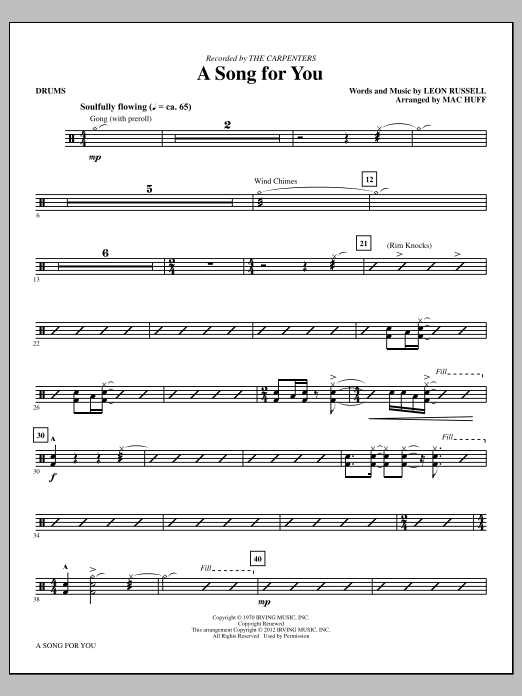 Carpenters A Song For You (arr. Mac Huff) - Drums Sheet Music Notes & Chords for Choir Instrumental Pak - Download or Print PDF