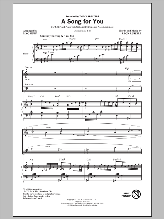 Carpenters A Song For You (arr. Mac Huff) Sheet Music Notes & Chords for SAB - Download or Print PDF