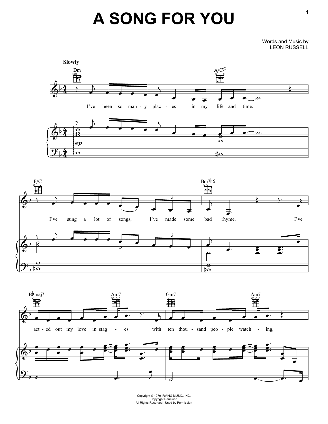 Carpenters A Song For You Sheet Music Notes & Chords for Piano, Vocal & Guitar (Right-Hand Melody) - Download or Print PDF