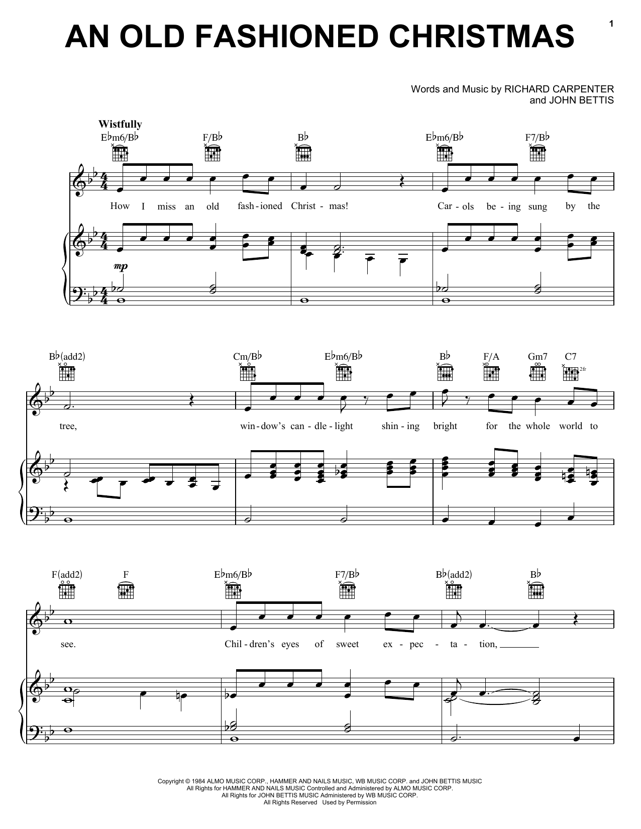 Carpenters An Old Fashioned Christmas Sheet Music Notes & Chords for Easy Piano - Download or Print PDF