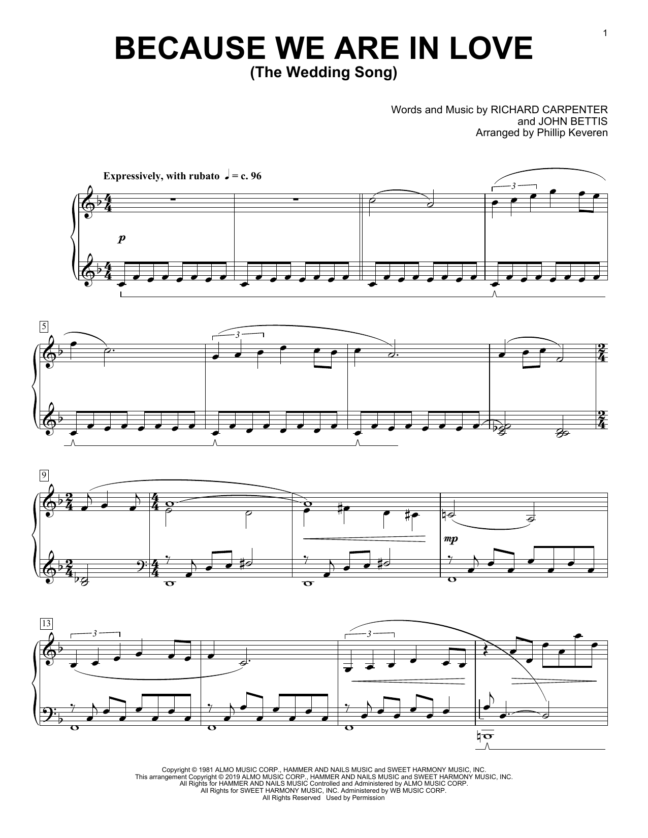 Carpenters Because We Are In Love (The Wedding Song) (arr. Phillip Keveren) Sheet Music Notes & Chords for Piano Solo - Download or Print PDF