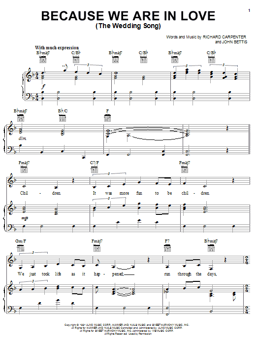 Carpenters Because We Are In Love (The Wedding Song) Sheet Music Notes & Chords for Piano - Download or Print PDF