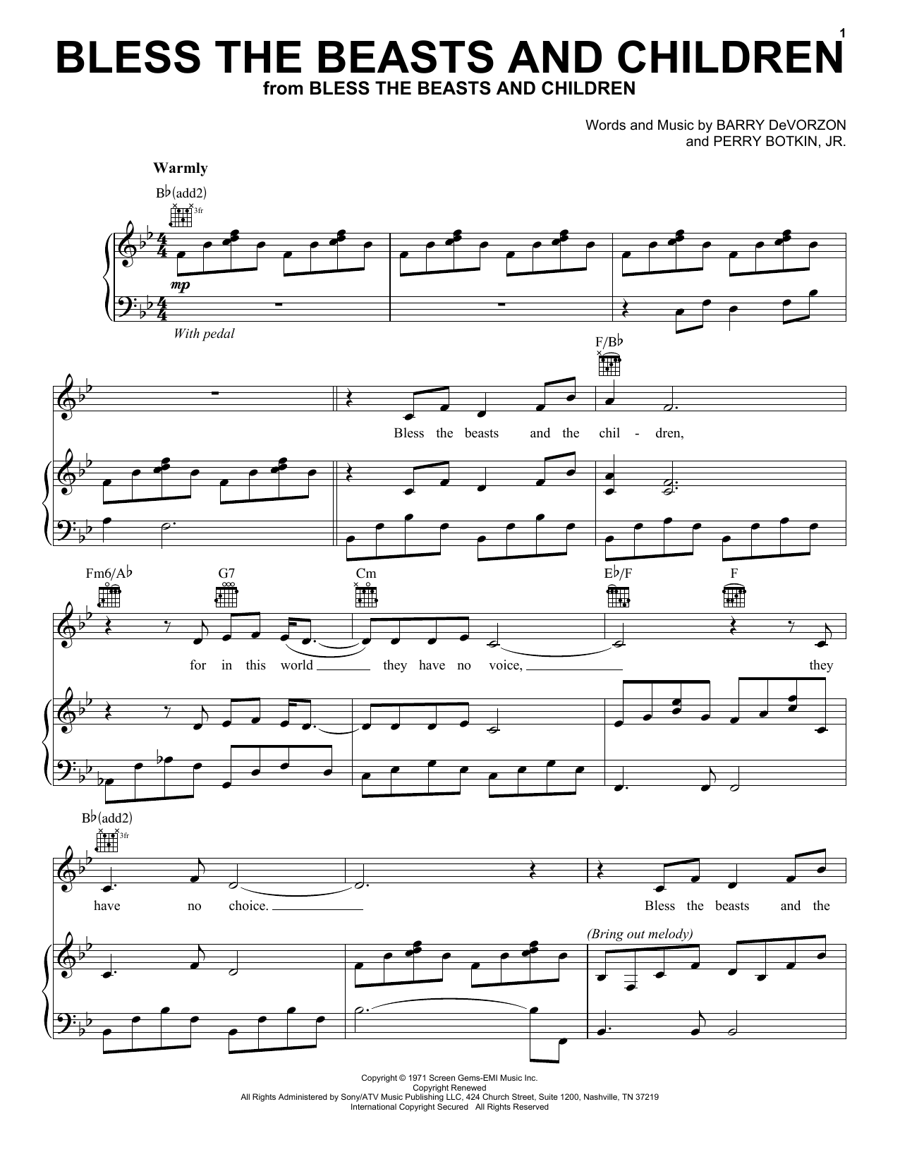 Carpenters Bless The Beasts And Children Sheet Music Notes & Chords for Melody Line, Lyrics & Chords - Download or Print PDF